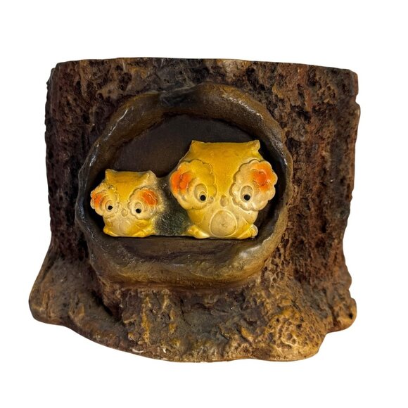 Rustic 70s Owl Log Planter Vintage Home Retro Woodland Decor Resin Flower Pot - Picture 1 of 14